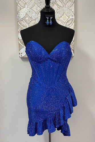 Sparkly Royal Blue Beaded Tight Ruffled Short Corset Homecoming Dress