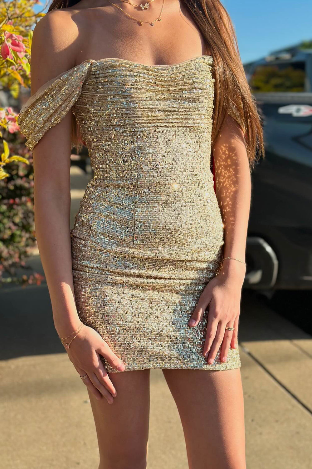 Sparkly Gold Tight Sequins Ruched Short Homecoming Dress