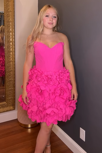 Fuchsia A Line Short Corset Homecoming Dress with 3D Flowers
