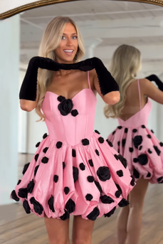 Cute Black and Pink A Line Satin Short Corset Dress with 3D Flowers