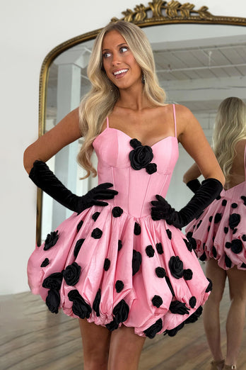 Cute Black and Pink A Line Satin Short Corset Dress with 3D Flowers