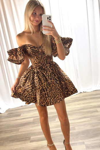 Brown Leopard Satin A Line Puff Sleeves Short Homecoming Dress