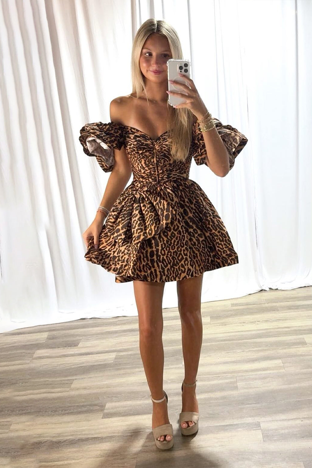 Brown Leopard Satin A Line Puff Sleeves Short Homecoming Dress