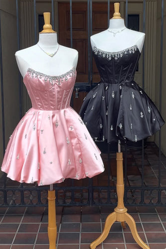 Sparkly Pink A Line Satin Short Corset Homecoming Dress with Rhinestones