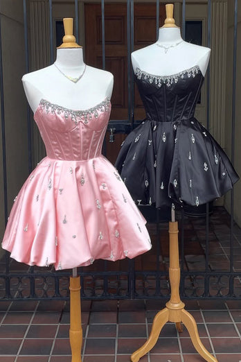 Sparkly Pink A Line Satin Short Corset Homecoming Dress with Rhinestones