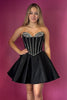 Load image into Gallery viewer, Queendancer Women Sparkly Black A Line Short Corset Homecoming Dress with Bow Satin Beaded Strapless Little Black Dress