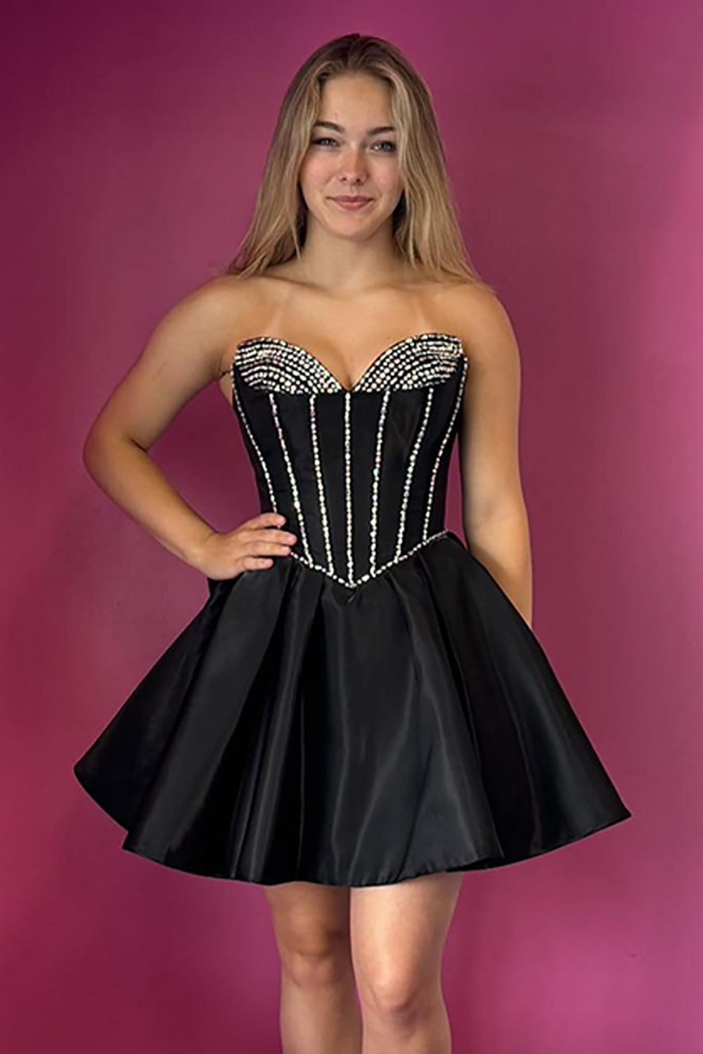 Queendancer Women Sparkly Black A Line Short Corset Homecoming Dress with Bow Satin Beaded Strapless Little Black Dress