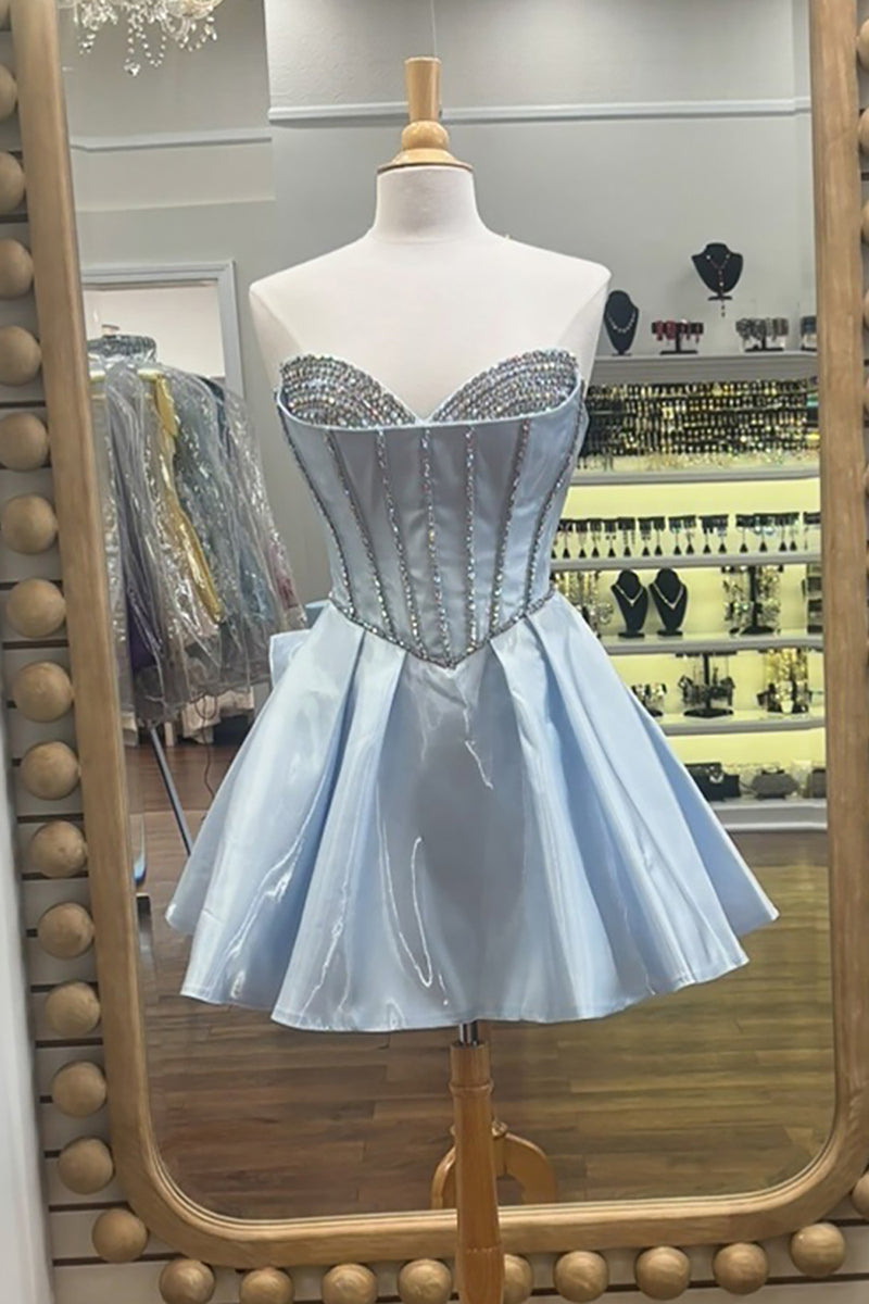 Load image into Gallery viewer, Black A Line Satin Beaded Short Corset Homecoming Dress with Bow