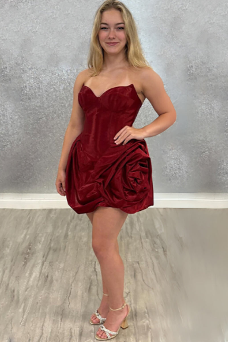 Load image into Gallery viewer, Burgundy A Line Strapless Detachable Train Short Homecoming Dress