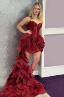 Load image into Gallery viewer, Burgundy A Line Strapless Detachable Train Short Homecoming Dress