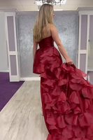 Load image into Gallery viewer, Burgundy A Line Strapless Detachable Train Short Homecoming Dress