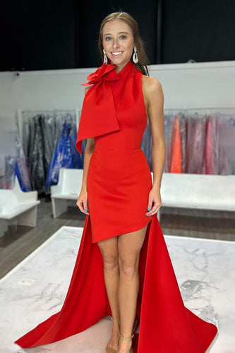 Red Satin Bodycon Halter High Low Homecoming Dress with Cape