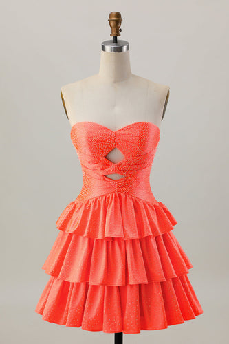 Sparkly Orange Beaded Tiered Cut Out A Line Short Homecoming Dress
