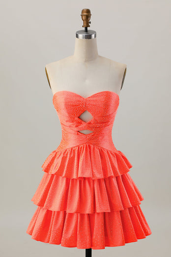 Sparkly Orange Beaded Tiered Cut Out A Line Short Homecoming Dress