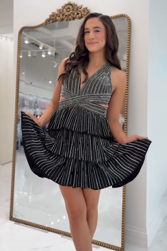 Sparkly Black A Line Tiered Short Homecoming Dress with Beading