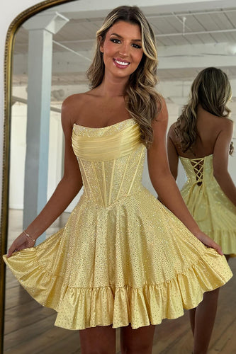Sparkly Yellow A Line Beaded Short Corset Homecoming Dress with Ruffles