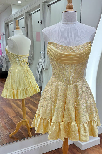 Sparkly Yellow A Line Beaded Short Corset Homecoming Dress with Ruffles