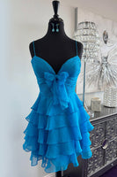 Load image into Gallery viewer, Blue Chiffon A Line Tiered Ruched Short Homecoming Dress with Bow