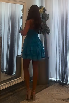 Blue Chiffon A Line Tiered Ruched Short Homecoming Dress with Bow