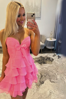 Load image into Gallery viewer, Blue Chiffon A Line Tiered Ruched Short Homecoming Dress with Bow