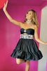 Load image into Gallery viewer, Black Satin A Line Cut Out Short Homecoming Dress with Appliques