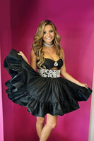 Load image into Gallery viewer, Black Satin A Line Cut Out Short Homecoming Dress with Appliques