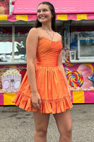 Load image into Gallery viewer, Orange Stain A Line Ruched Short Homecoming Dress with Ruffles