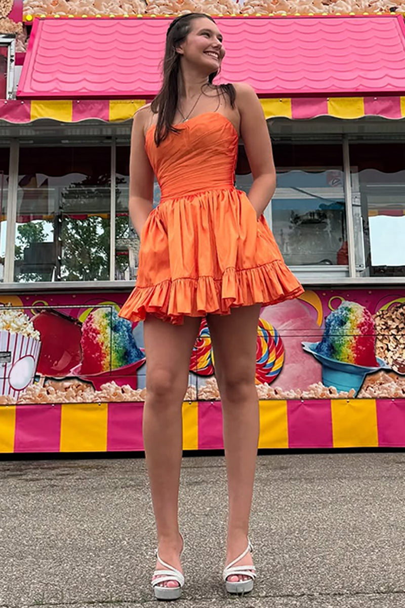 Load image into Gallery viewer, Orange Stain A Line Ruched Short Homecoming Dress with Ruffles
