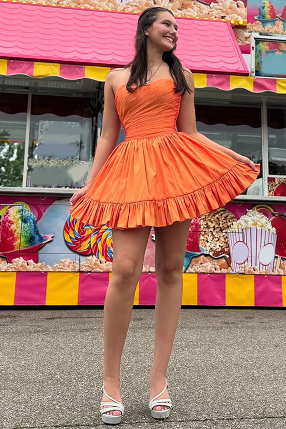 Orange Stain A Line Ruched Short Homecoming Dress with Ruffles