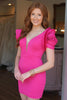 Load image into Gallery viewer, Fuchsia Tight V Neck Short Homecoming Dress with Sleeves