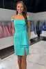 Load image into Gallery viewer, Turquoise Chiffon Bodycon Ruched Short Homecoming Dress with Slit