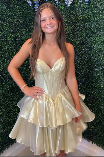 Sparkly Gold Metallic A Line Ruffled Short Corset Homecoming Dress
