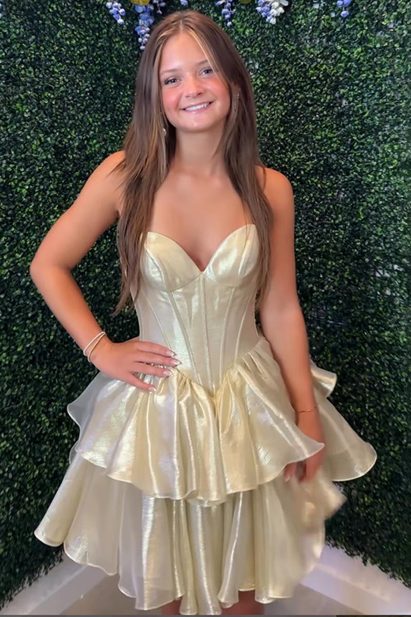 Load image into Gallery viewer, Sparkly Gold Metallic A Line Ruffled Short Corset Homecoming Dress