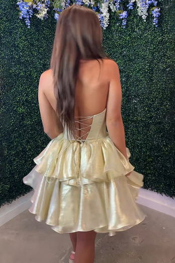 Sparkly Gold Metallic A Line Ruffled Short Corset Homecoming Dress