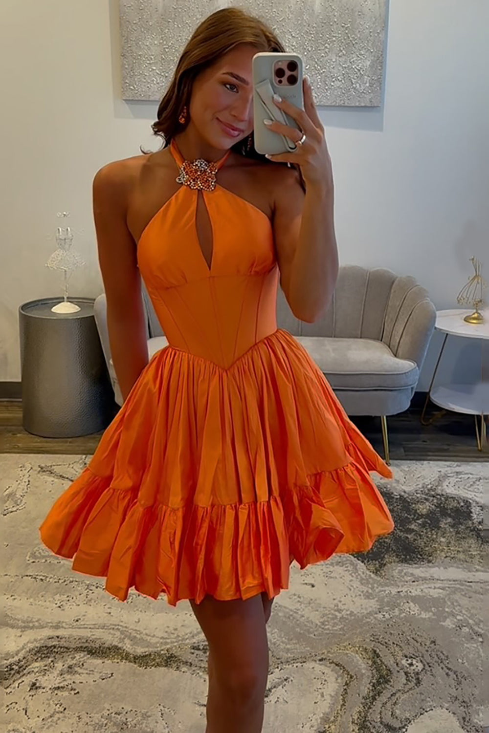 Qrange Satin A Line Halter Short Corset Homecoming Dress with Ruffles
