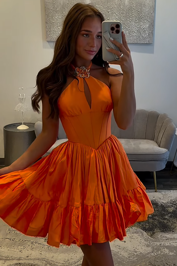 Qrange Satin A Line Halter Short Corset Homecoming Dress with Ruffles