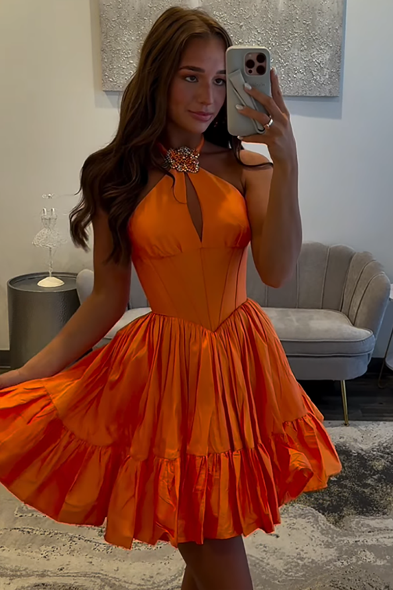 Load image into Gallery viewer, Qrange Satin A Line Halter Short Corset Homecoming Dress with Ruffles