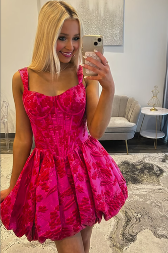 Floral Fuchsia Satin A Line Appliqued Short Corset Homecoming Dress