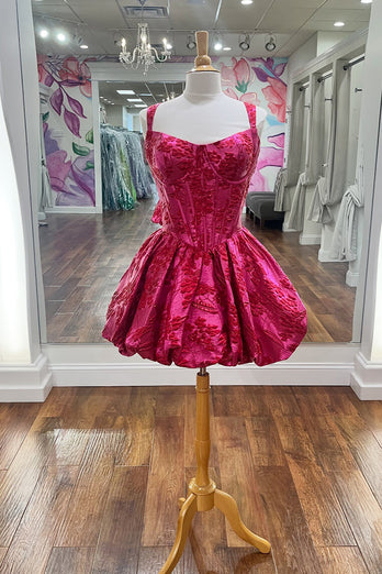 Floral Fuchsia Satin A Line Appliqued Short Corset Homecoming Dress