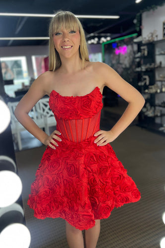 Floral Red A Line Strapless Short Corset Homecoming Dress