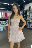 Load image into Gallery viewer, Floral Pink A Line Tulle Short Corset Homecoming Dress