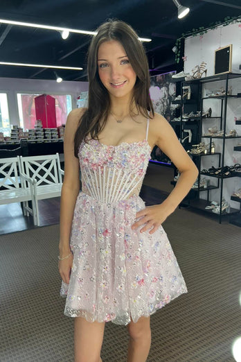 Floral Pink A Line Tulle Short Corset Homecoming Dress