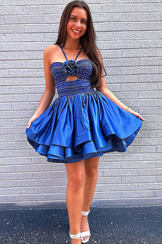 Sparkly Royal Blue Satin A Line Beaded Short Homecoming Dress