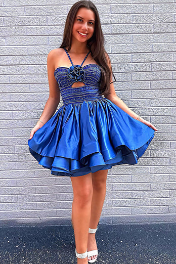 Sparkly Royal Blue Satin A Line Beaded Short Homecoming Dress
