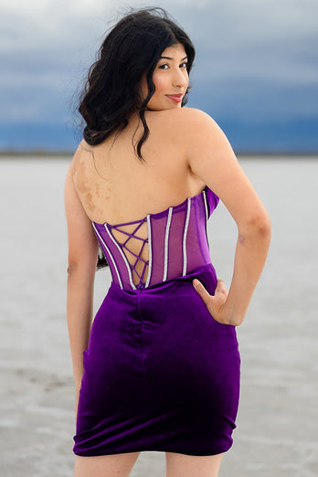 Dark Purple Velvet Tight Ruched Short Corset Homecoming Dress