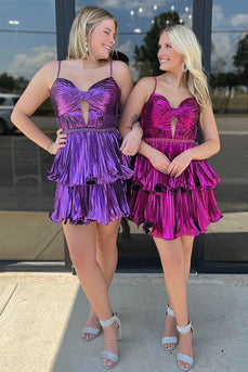 Green Metallic A Line Ruffled Short Homecoming Dress with Keyhole