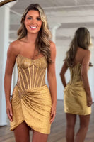 Load image into Gallery viewer, Sparkly Gold Satin Bodycon Beaded Short Corset Homecoming Dress