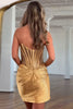 Load image into Gallery viewer, Sparkly Gold Satin Bodycon Beaded Short Corset Homecoming Dress