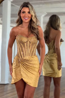 Load image into Gallery viewer, Sparkly Gold Satin Bodycon Beaded Short Corset Homecoming Dress