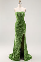 Load image into Gallery viewer, Floral Peacock Green Mermaid Strapless Long Formal Dress with Slit